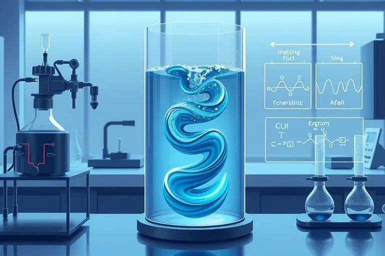 A high-quality illustration showing the classic demonstration of the Kondo effect, featuring a large, transparent glass container filled with a dense, swirling fluid that appears to flow upward against gravity, surrounded by scientific equipment and diagrams illustrating fluid dynamics, with a clean, modern laboratory background