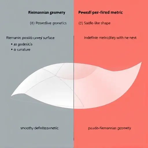 A visual representation of the conceptual differences between Riemannian and pseudo-Riemannian geometry. The image should depict two distinct geometric spaces side by side. On the left, show a smooth, positively curved surface representing Riemannian geometry with a positive definite metric, illustrating concepts like geodesics and curvature. On the right, depict a space with a saddle-like shape representing pseudo-Riemannian geometry, highlighting the indefinite metric with both positive and ne