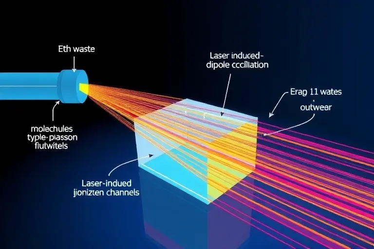 A scientific illustration depicting terahertz radiation generation mechanisms in liquid environments, showing laser pulses interacting with liquid media (such as water or ethanol) to produce broadband THz waves via optical rectification and plasma filamentation, with visible electromagnetic wavefronts radiating outward, molecular-scale dipole oscillations, and laser-induced ionization channels, rendered in a clean, high-detail technical style with blue and cyan color accents to represent THz fre