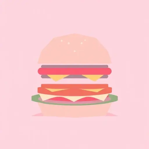 A minimalist illustration of a burger composed of abstract geometric shapes representing layers, with subtle mathematical symbols integrated into the design, clean lines, soft pastel colors, and a modern tech aesthetic