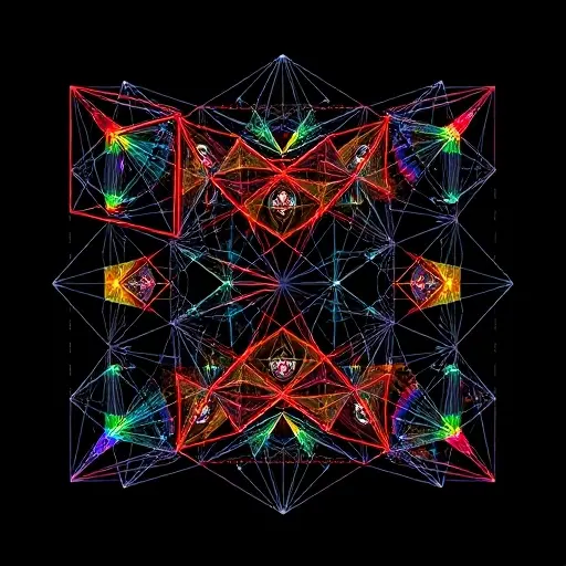 A visual representation of quaternions and octonions, showcasing their non-commutative nature. The image should include geometric shapes like 3D and 4D projections to illustrate the complex number systems. Use abstract, colorful patterns to depict the multiplication tables and how the order of operations affects the results. The overall composition should be dynamic and intricate, reflecting the complexity and beauty of hypercomplex numbers.