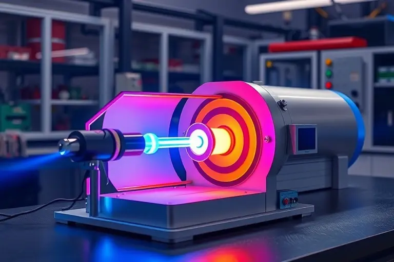 A compact tabletop synchrotron device with a small laser system generating X-ray radiation, showing the electron beam path, magnetic undulator, and X-ray output in a laboratory setting, with sleek modern engineering design, glowing blue laser components, and subtle radiation effects, all in high detail and scientific accuracy