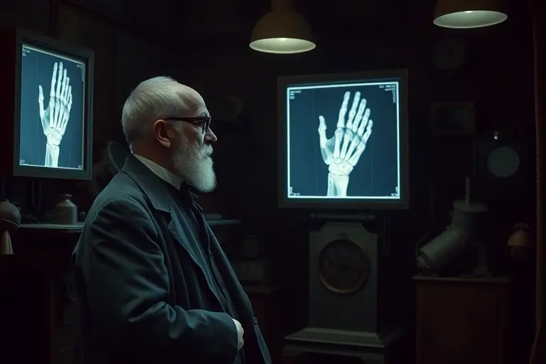 Wilhelm Conrad Röntgen in his laboratory, quietly observing a glowing screen illuminated by invisible X-rays, with a faint image of a hand bones visible on the screen, dim antique scientific equipment around him, 19th-century atmosphere, soft historical lighting