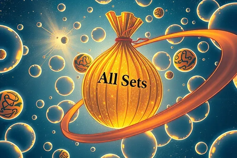 A surreal, high‑resolution illustration visualizing Cantor's paradox and Russell's paradox: a vast, glowing, endless hierarchy of nested transparent spheres representing ever larger infinities, with a massive, luminous bag labeled 'All Sets' that appears to overflow with smaller spheres, while a looping, self‑referential Möbius‑strip‑like ribbon weaves through the scene, symbolizing the self‑containment paradox of Russell. The composition uses contrasting colors of deep blues and bright golds to