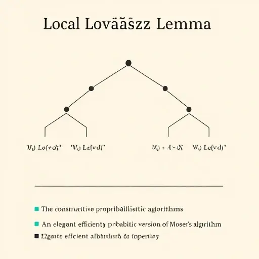 A scholarly illustration of a mathematical concept titled 'Local Lovász Lemma' showing a stylized probability tree with branching nodes labeled with constructive probabilistic algorithms and an elegant efficient version of Moser's algorithm, rendered in a clean, minimalistic academic style with subtle geometric patterns and soft pastel colors, emphasizing clarity and mathematical elegance