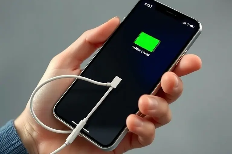 A close-up of a hand holding a smartphone displaying a charging cable connected to a battery icon, with a subtle electric spark effect around the connection, clean background, high detail