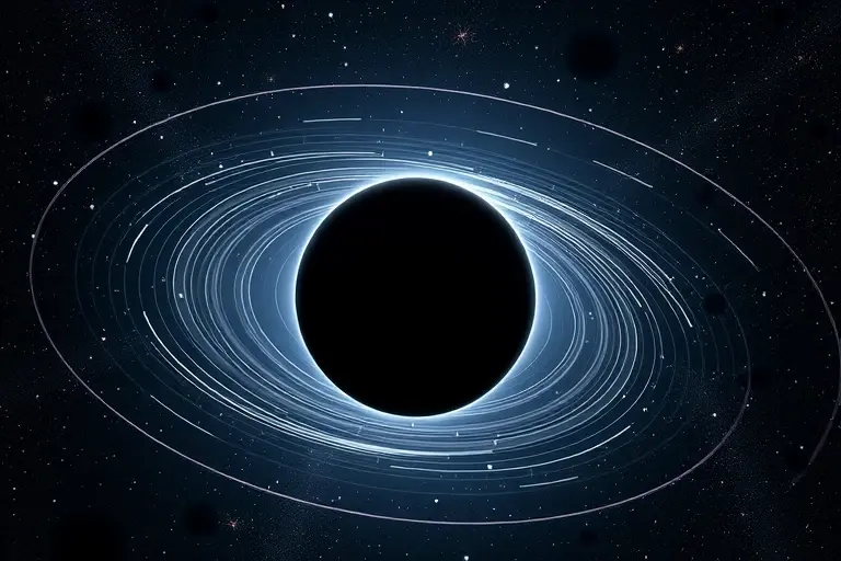 A realistic depiction of a gravitational field surrounding a massive celestial body, represented by invisible curved lines of force warping the space around it, with subtle distortions in the background stars to illustrate spacetime curvature, no text or labels, scientific and serene atmosphere