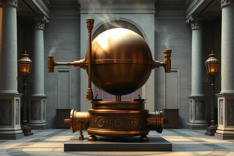 An ancient Greek mechanical device, the aeolipile invented by Hero of Alexandria, consisting of a hollow sphere mounted on a boiler with two bent nozzles releasing steam to cause rotation, set in a classical Hellenistic workshop with marble pillars and oil lamps, historical accuracy, detailed bronze and copper textures, no modern elements