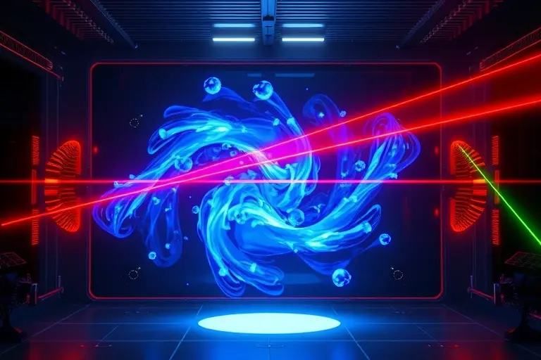 A futuristic scientific scene showing an antimatter trap chamber with swirling blue plasma representing antimatter particles, illuminated by precise red and green laser beams converging to cool the particles. The chamber is a high-tech, transparent enclosure with magnetic field coils, and the lasers create a subtle cooling aura around the antimatter cloud, emphasizing the concept of laser cooling of antimatter.
