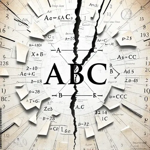 An abstract mathematical visualization representing the ABC conjecture, featuring symbolic elements such as prime numbers, equations with variables A, B, and C, and a fractured or divided background suggesting a split in the mathematical community, with subtle hints of verification processes like peer review symbols or checkmarks emerging from complexity, all in a precise, high-detail, smallHQ style