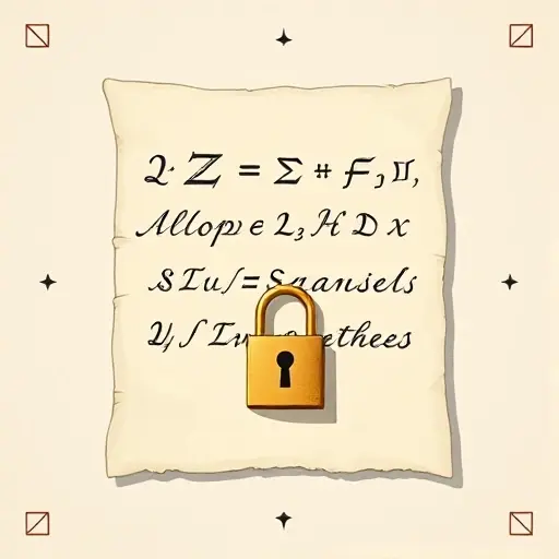 A symbolic representation of Gödel's first incompleteness theorem: an ancient parchment scroll with elegant handwritten mathematical symbols and a partially closed golden lock, surrounded by faint geometric patterns suggesting incompleteness, rendered in a minimalist, high-detail illustration style