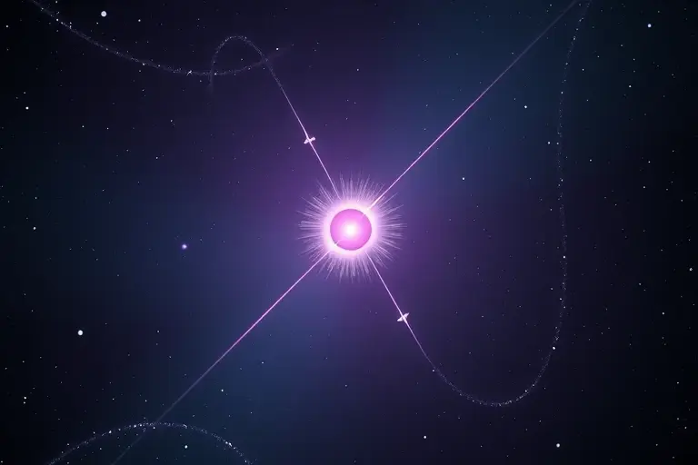 A stylized illustration of a dark photon as a faint, translucent particle interacting with ordinary matter, surrounded by a subtle, swirling field representing a hypothetical fifth fundamental force, set against a cosmic background of stars and nebulae, with no text or lettering